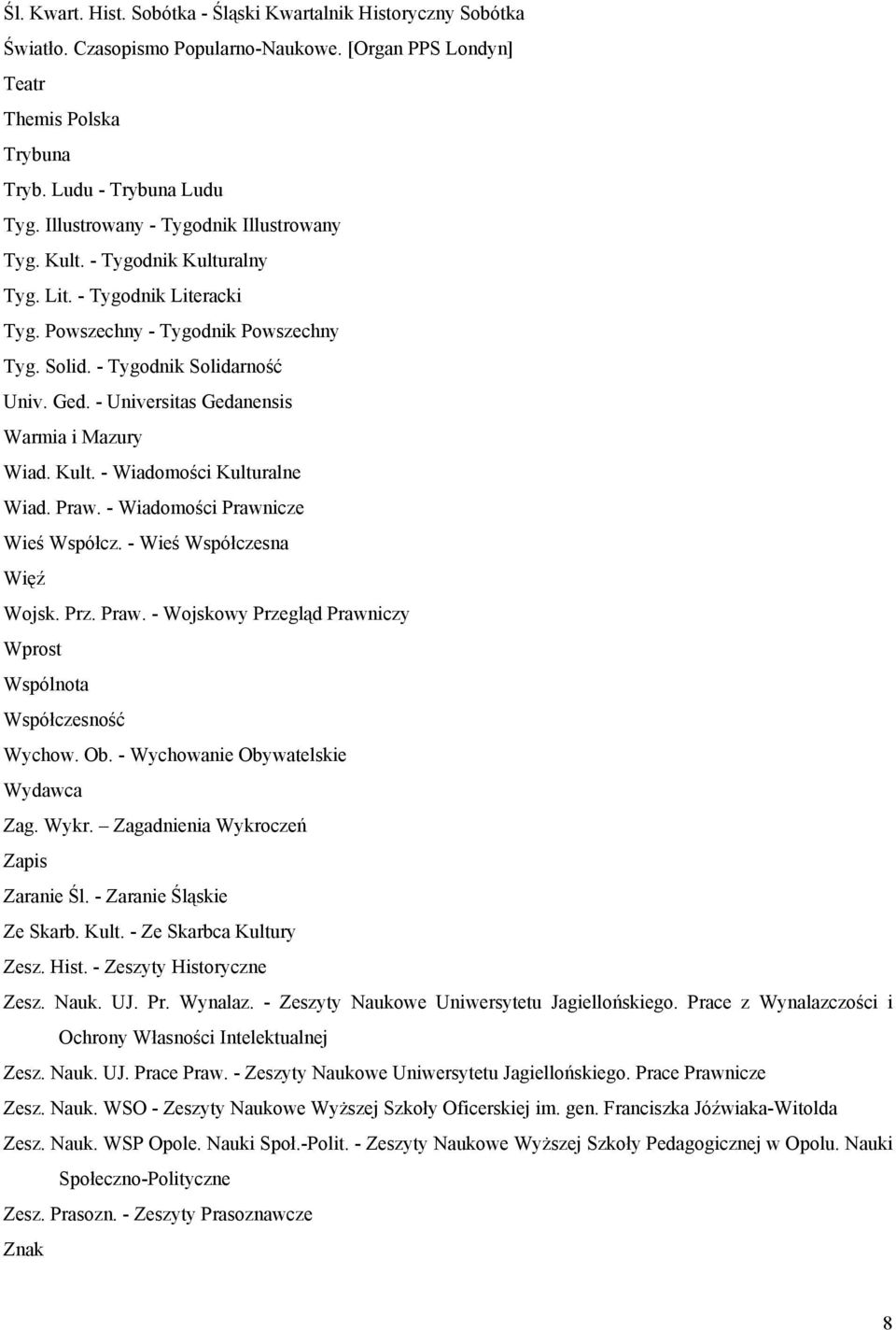 - Universitas Gedanensis Warmia i Mazury Wiad. Kult. - Wiadomości Kulturalne Wiad. Praw. - Wiadomości Prawnicze Wieś Współcz. - Wieś Współczesna Więź Wojsk. Prz. Praw. - Wojskowy Przegląd Prawniczy Wprost Wspólnota Współczesność Wychow.