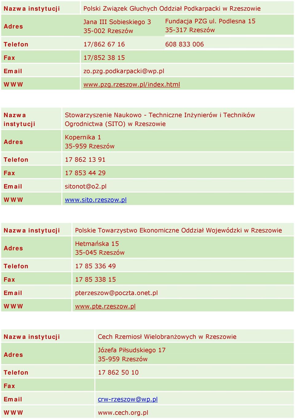 html Stowarzyszenie Naukowo - Techniczne Inżynierów i Techników Ogrodnictwa (SITO) w Rzeszowie Kopernika 1 Telefon 17 862 13 91 Fax 17 853 44 29 sitonot@o2.pl www.sito.rzeszow.