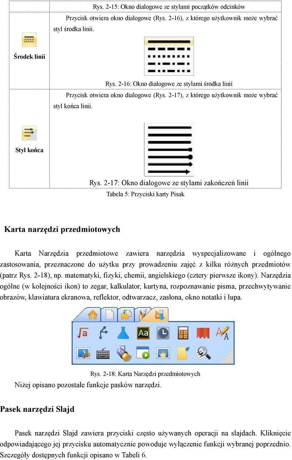 2-17: Okno dialogowe ze stylami zakończeń linii Tabela 5: Przyciski karty Pisak Karta narzędzi przedmiotowych Karta Narzędzia przedmiotowe zawiera narzędzia wyspecjalizowane i ogólnego zastosowania,