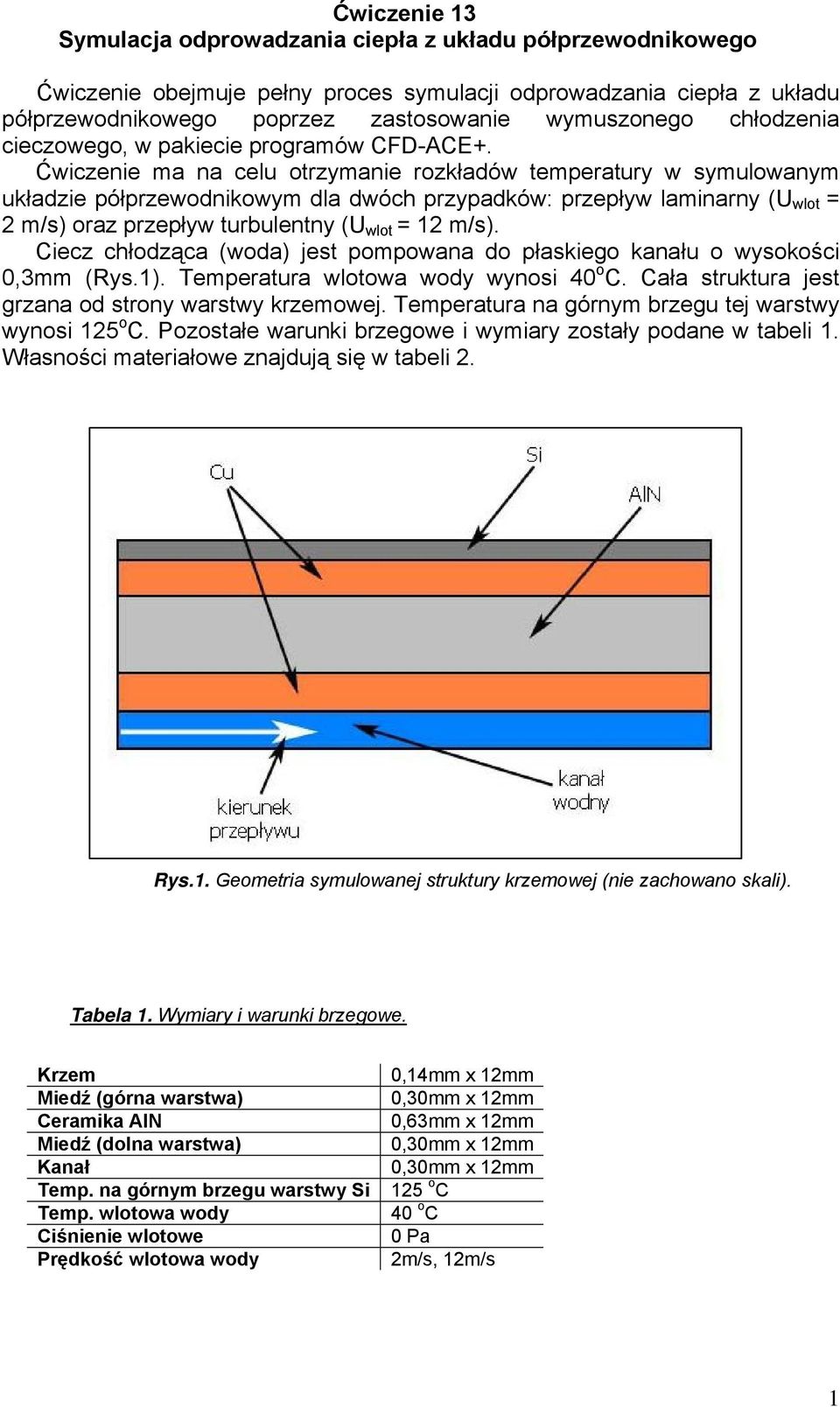 Ćwiczenie ma na celu otrzymanie rozkładów temperatury w symulowanym układzie półprzewodnikowym dla dwóch przypadków: przepływ laminarny (U wlot = m/s) oraz przepływ turbulentny (U wlot = 1 m/s).