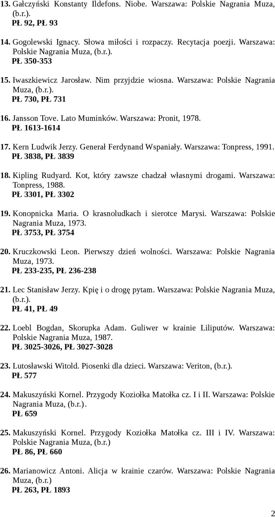 PŁ 1613-1614 17. Kern Ludwik Jerzy. Generał Ferdynand Wspaniały. Warszawa: Tonpress, 1991. PŁ 3838, PŁ 3839 18. Kipling Rudyard. Kot, który zawsze chadzał własnymi drogami. Warszawa: Tonpress, 1988.