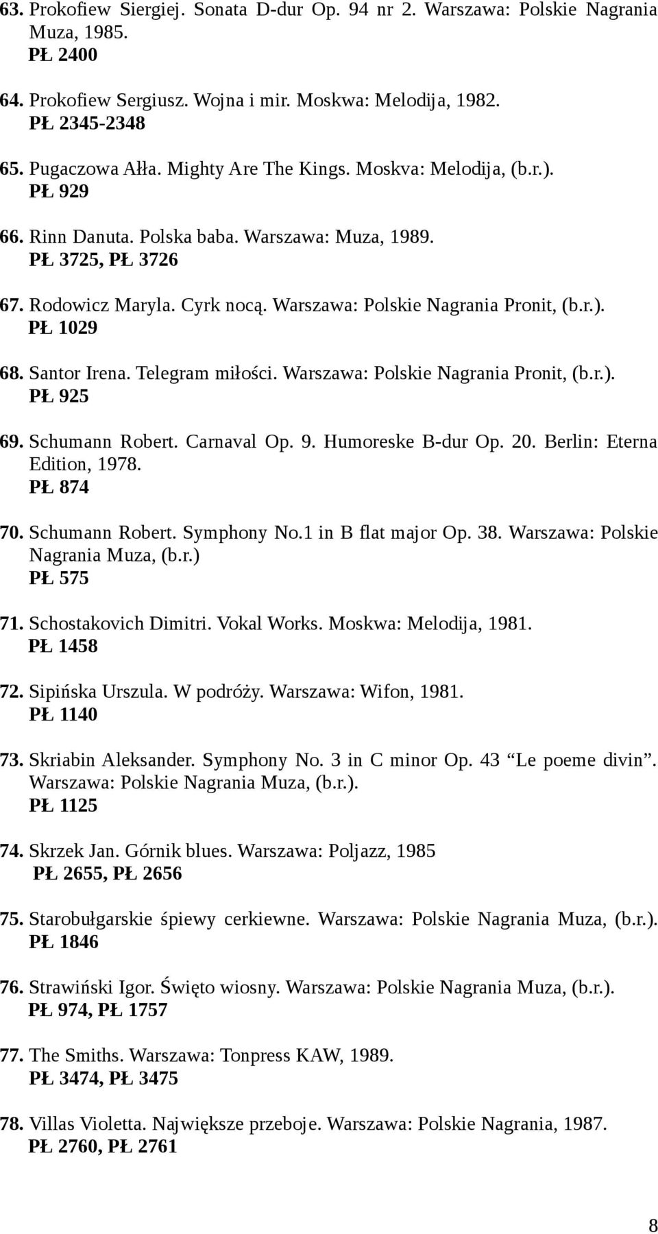 Santor Irena. Telegram miłości. Warszawa: Polskie Nagrania Pronit, PŁ 925 69. Schumann Robert. Carnaval Op. 9. Humoreske B-dur Op. 20. Berlin: Eterna Edition, 1978. PŁ 874 70. Schumann Robert. Symphony No.