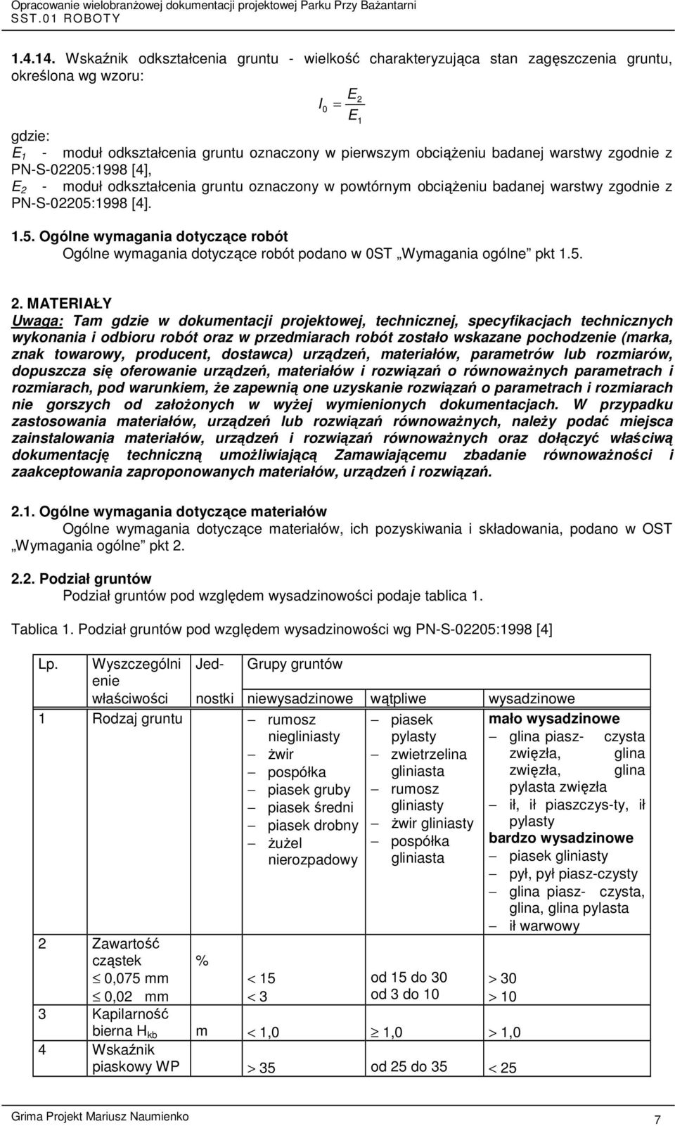 warstwy zgodnie z PN-S-02205:1998 [4], E 2 - moduł odkształcenia gruntu oznaczony w powtórnym obciążeniu badanej warstwy zgodnie z PN-S-02205:1998 [4]. 1.5. Ogólne wymagania dotyczące robót Ogólne wymagania dotyczące robót podano w 0ST Wymagania ogólne pkt 1.