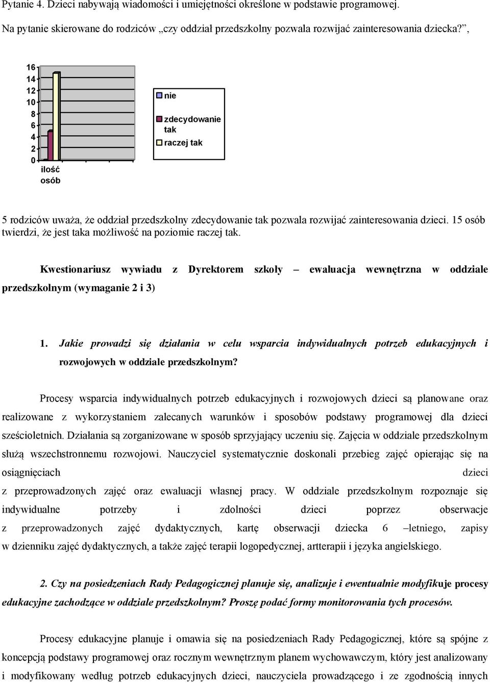 15 osób twierdzi, że jest taka możliwość na poziomie raczej tak. Kwestionariusz wywiadu z Dyrektorem szkoły przedszkolnym (wymaganie 2 i 3) ewaluacja wewnętrzna w oddziale 1.