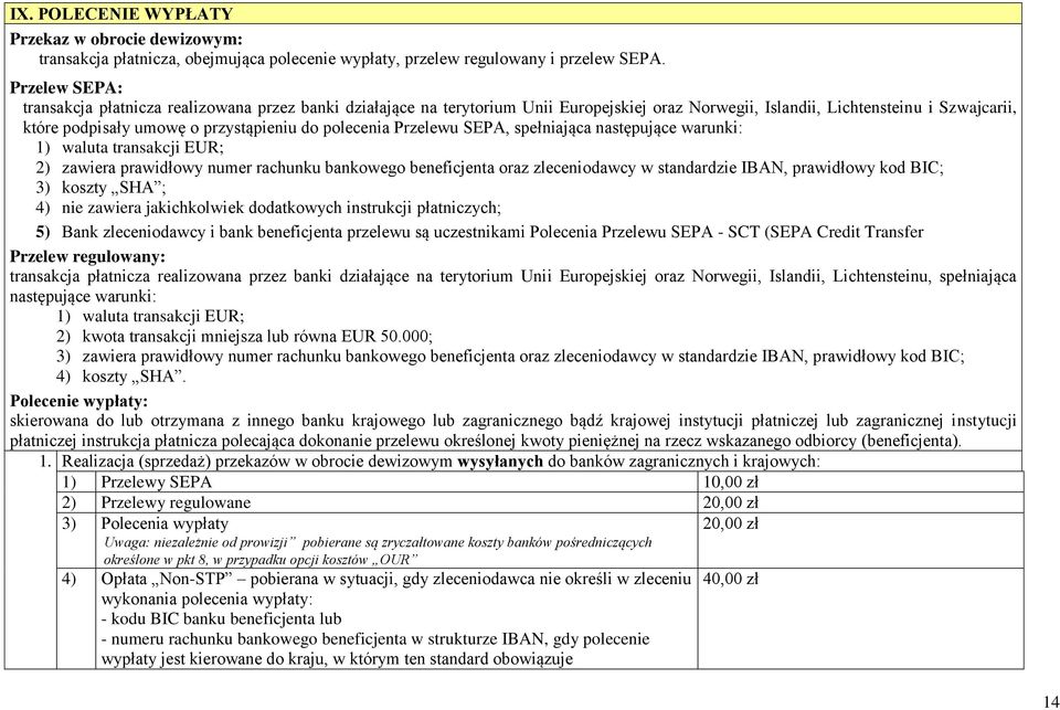 polecenia Przelewu SEPA, spełniająca następujące warunki: 1) waluta transakcji EUR; 2) zawiera prawidłowy numer rachunku bankowego beneficjenta oraz zleceniodawcy w standardzie IBAN, prawidłowy kod