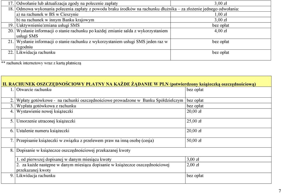 Uaktywnienie/zmiana usługi SMS bez opłat 20. Wysłanie informacji o stanie rachunku po każdej zmianie salda z wykorzystaniem 4,00 zł usługi SMS 21.