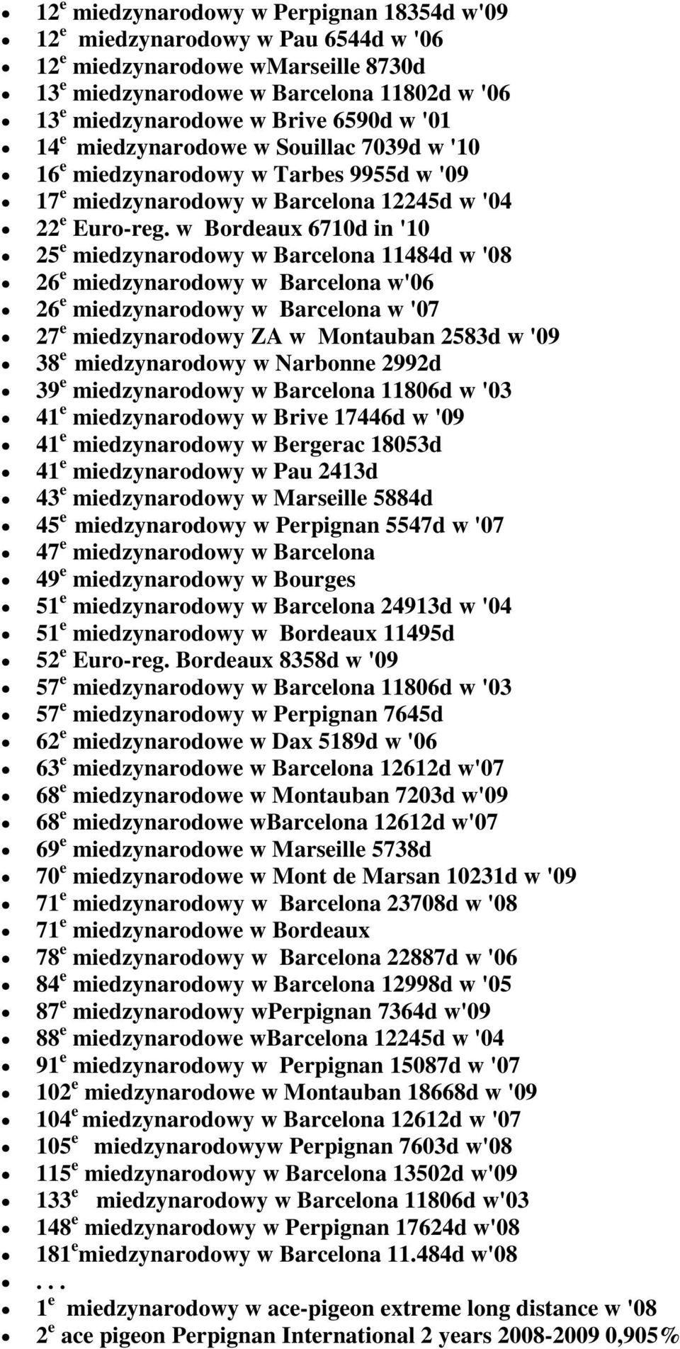 w Bordeaux 6710d in '10 25 e miedzynarodowy w Barcelona 11484d w '08 26 e miedzynarodowy w Barcelona w'06 26 e miedzynarodowy w Barcelona w '07 27 e miedzynarodowy ZA w Montauban 2583d w '09 38 e