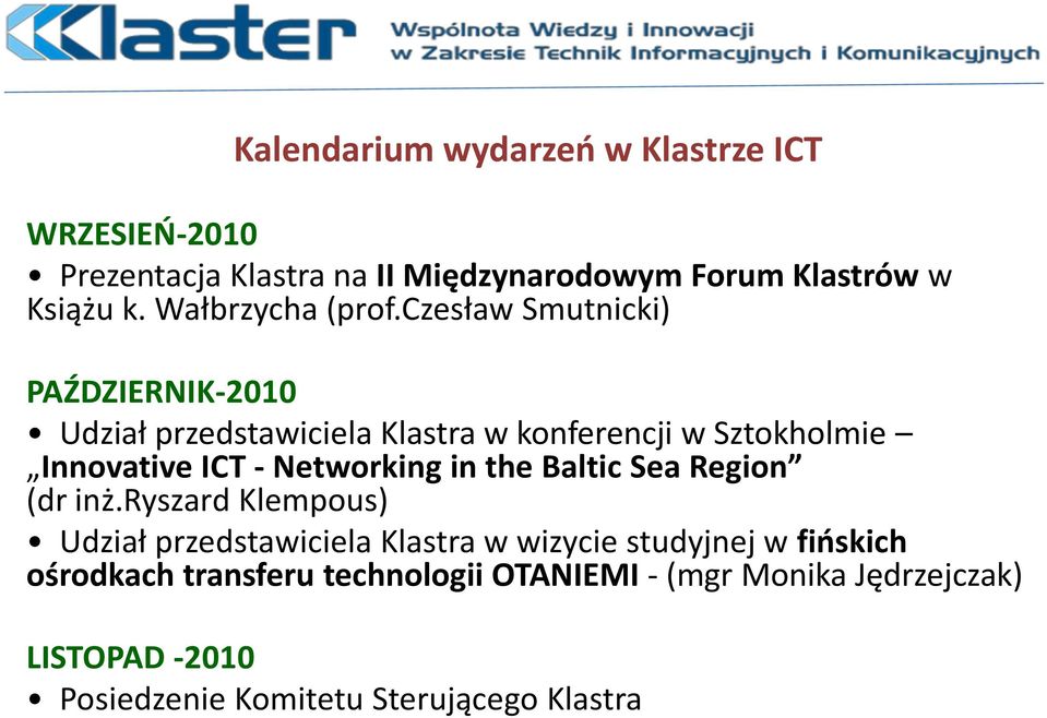 czesław Smutnicki) PAŹDZIERNIK-2010 Udział przedstawiciela Klastra w konferencji w Sztokholmie Innovative ICT - Networking