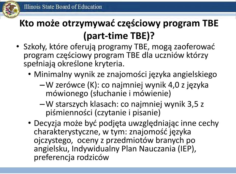 Minimalny wynik ze znajomości języka angielskiego W zerówce (K): co najmniej wynik 4,0 z języka mówionego (słuchanie i mówienie) W starszych klasach: