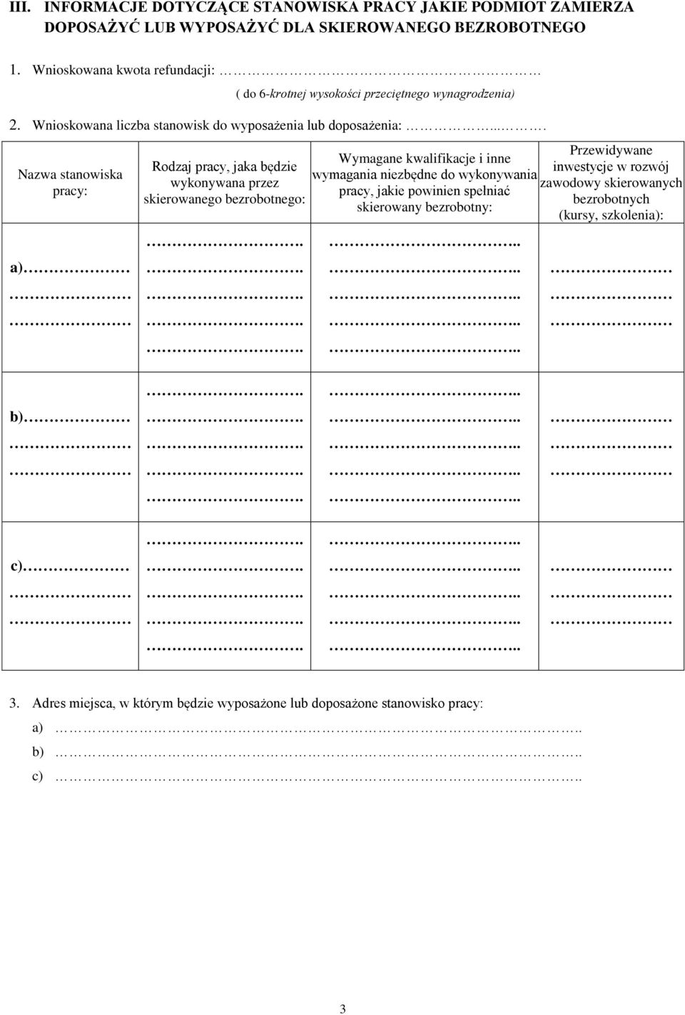 ... Nazwa stanowiska pracy: a) Rodzaj pracy, jaka będzie wykonywana przez skierowanego bezrobotnego: Wymagane kwalifikacje i inne wymagania niezbędne do wykonywania pracy,
