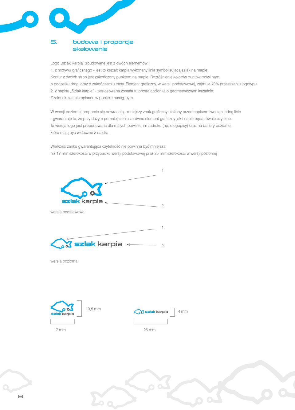 Element graficzny, w wersji podstawowej, zajmuje 70% przestrzeniu logotypu. 2. z napisu Szlak karpia - zastosowana została tu prosta czcionka o geometrycznym kształcie.