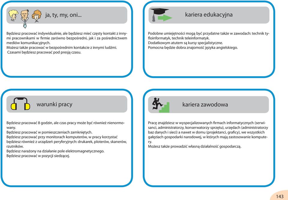 Podobne umiejętności mogą być przydatne także w zawodach: technik tyfloinformatyk, technik teleinformatyk. Dodatkowym atutem są kursy specjalistyczne.