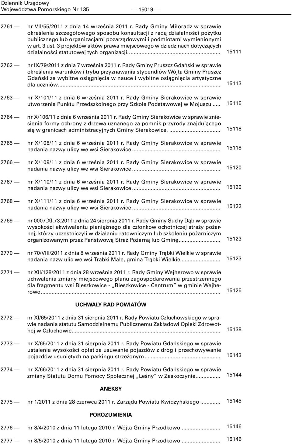 3 projektów aktów prawa miejscowego w dziedzinach dotyczących działalności statutowej tych organizacji.... 2762 nr IX/79/2011 z dnia 7 września 2011 r.