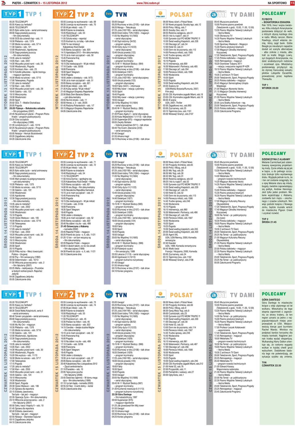 121 12:00 Wiadomości, Agrobiznes 12:30 Saga prastarej puszczy 13:35 Jaka to melodia? 14:05 Klan odc. 2351 14:30 Wszystko przed nami odc. 28 15:00 Wiadomości, Pogoda 15:20 Komisarz Alex odc.