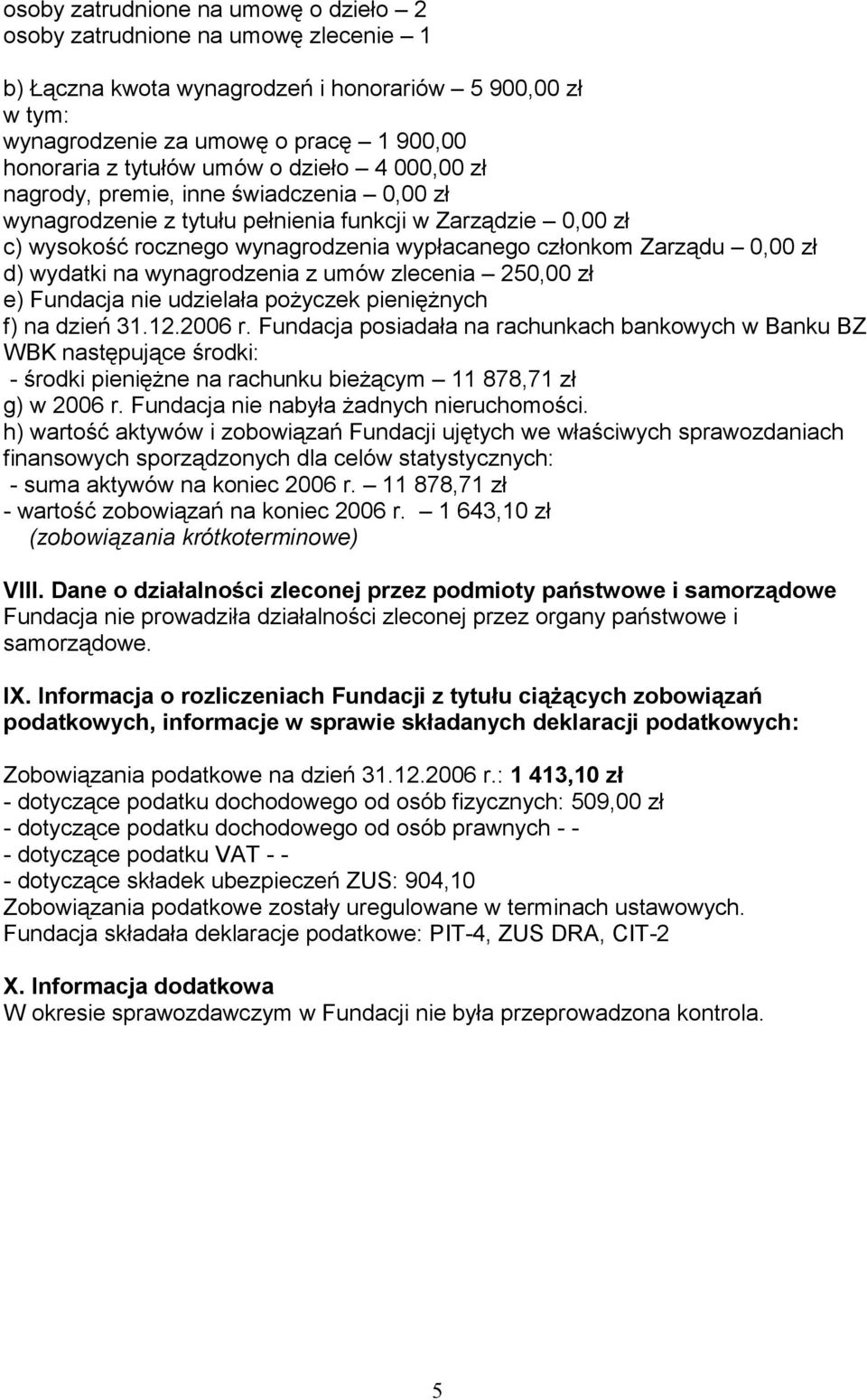 wydatki na wynagrodzenia z umów zlecenia 250,00 zł e) Fundacja nie udzielała pożyczek pieniężnych f) na dzień 31.12.2006 r.