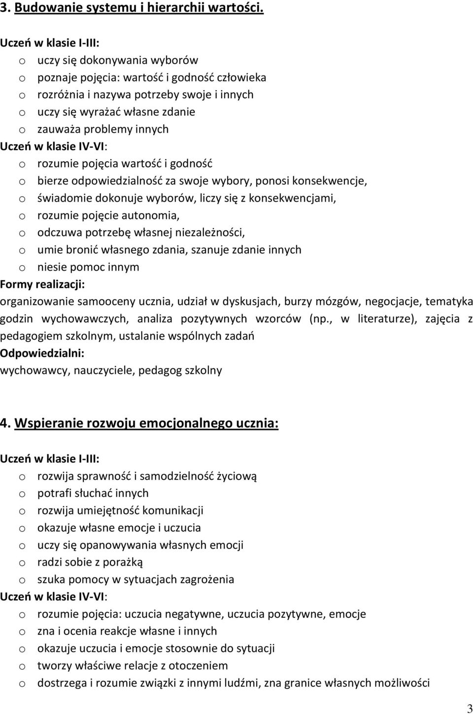 innych Uczeń w klasie IV-VI: o rozumie pojęcia wartość i godność o bierze odpowiedzialność za swoje wybory, ponosi konsekwencje, o świadomie dokonuje wyborów, liczy się z konsekwencjami, o rozumie