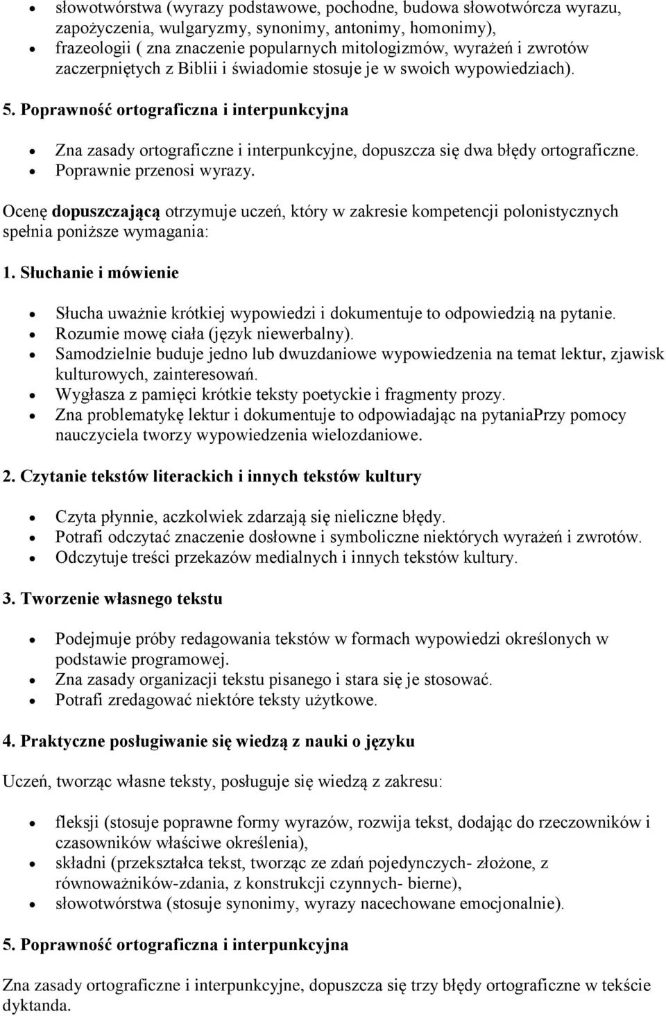 Poprawność ortograficzna i interpunkcyjna Zna zasady ortograficzne i interpunkcyjne, dopuszcza się dwa błędy ortograficzne. Poprawnie przenosi wyrazy.