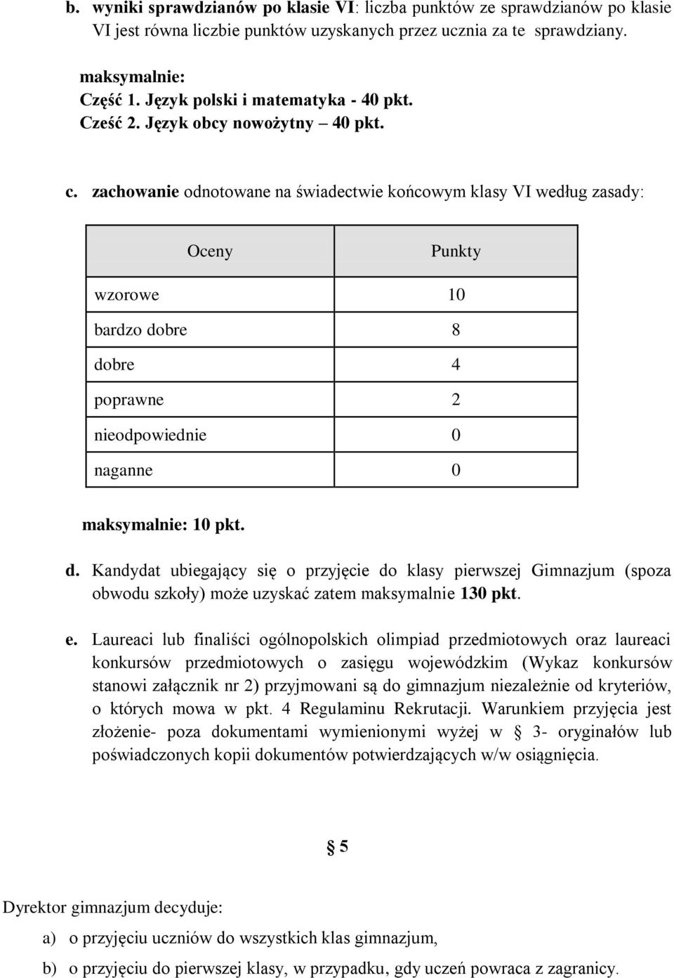 zachowanie odnotowane na świadectwie końcowym klasy VI według zasady: Oceny Punkty wzorowe 10 bardzo do