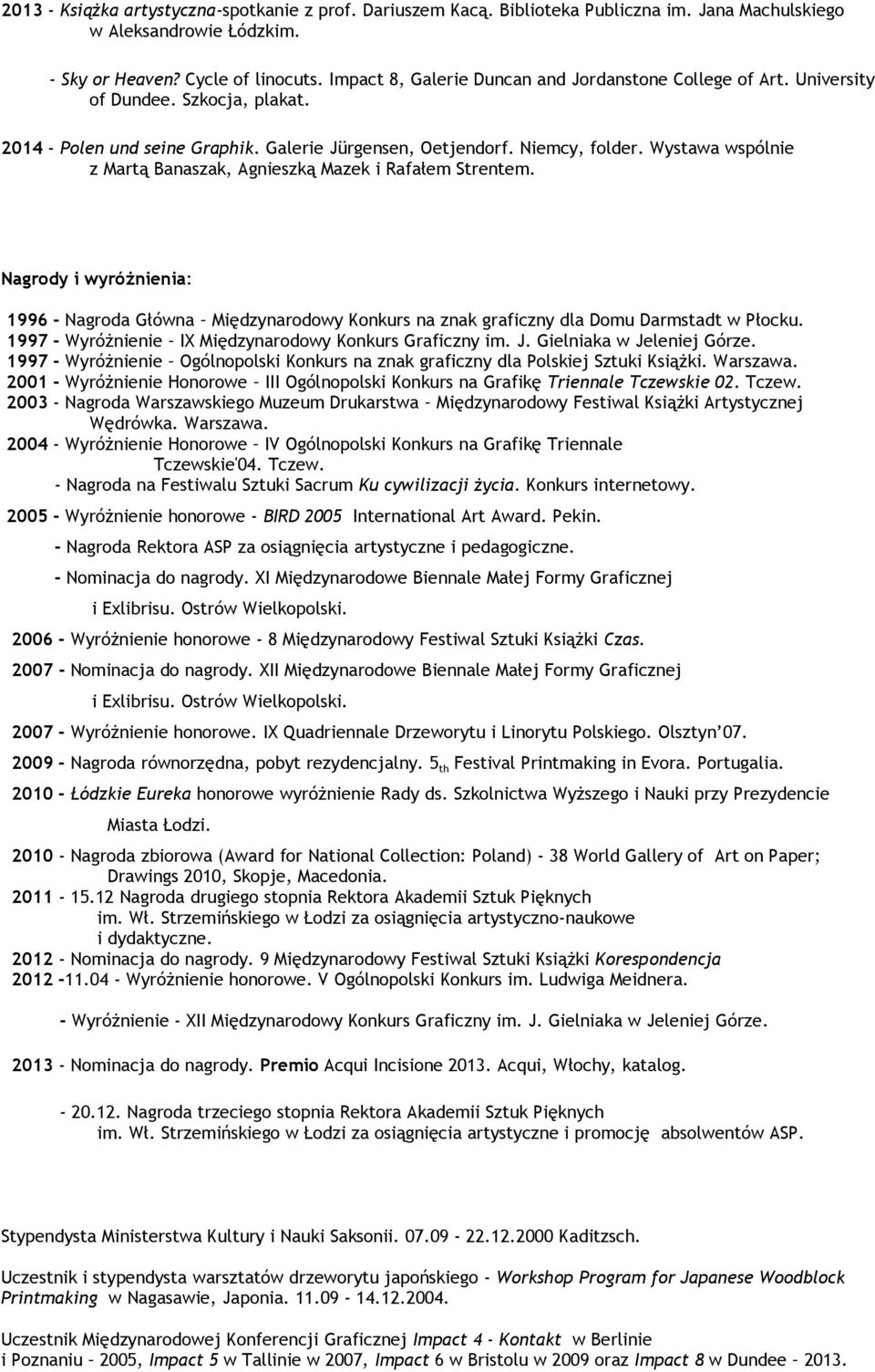 Wystawa wspólnie z Martą Banaszak, Agnieszką Mazek i Rafałem Strentem. Nagrody i wyróżnienia: 1996 - Nagroda Główna Międzynarodowy Konkurs na znak graficzny dla Domu Darmstadt w Płocku.