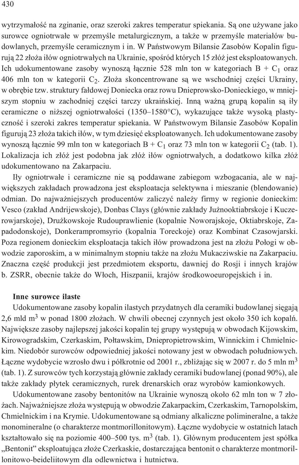 W Pañstwowym Bilansie Zasobów Kopalin figuruj¹ 22 z³o a i³ów ogniotrwa³ych na Ukrainie, spoœród których 15 z³ó jest eksploatowanych.