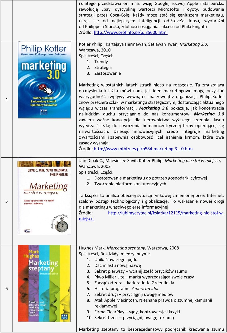 profinfo.pl/p,,35600.html Kotler Philip, Kartajaya Hermawan, Setiawan Iwan, Marketing 3.0, Warszawa, 2010 Spis treści, Części: 1. Trendy 2. Strategia 3.