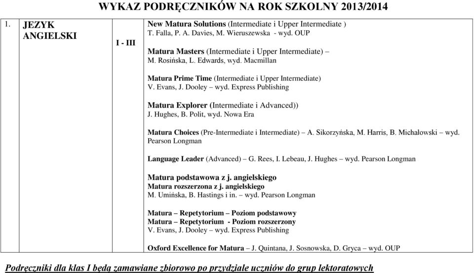 Express Publishing Matura Explorer (ntermediate i Advanced)) J. Hughes, B. Polit, wyd. Nowa Era Matura Choices (Pre-ntermediate i ntermediate) A. Sikorzyńska, M. Harris, B. Michałowski wyd.