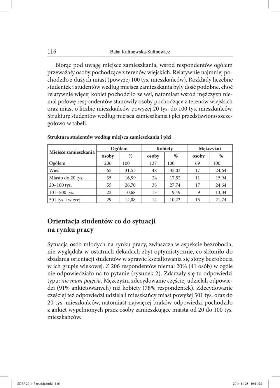 Rozkłady liczebne studentek i studentów według miejsca zamieszkania były dość podobne, choć relatywnie więcej kobiet pochodziło ze wsi, natomiast wśród mężczyzn niemal połowę respondentów stanowiły