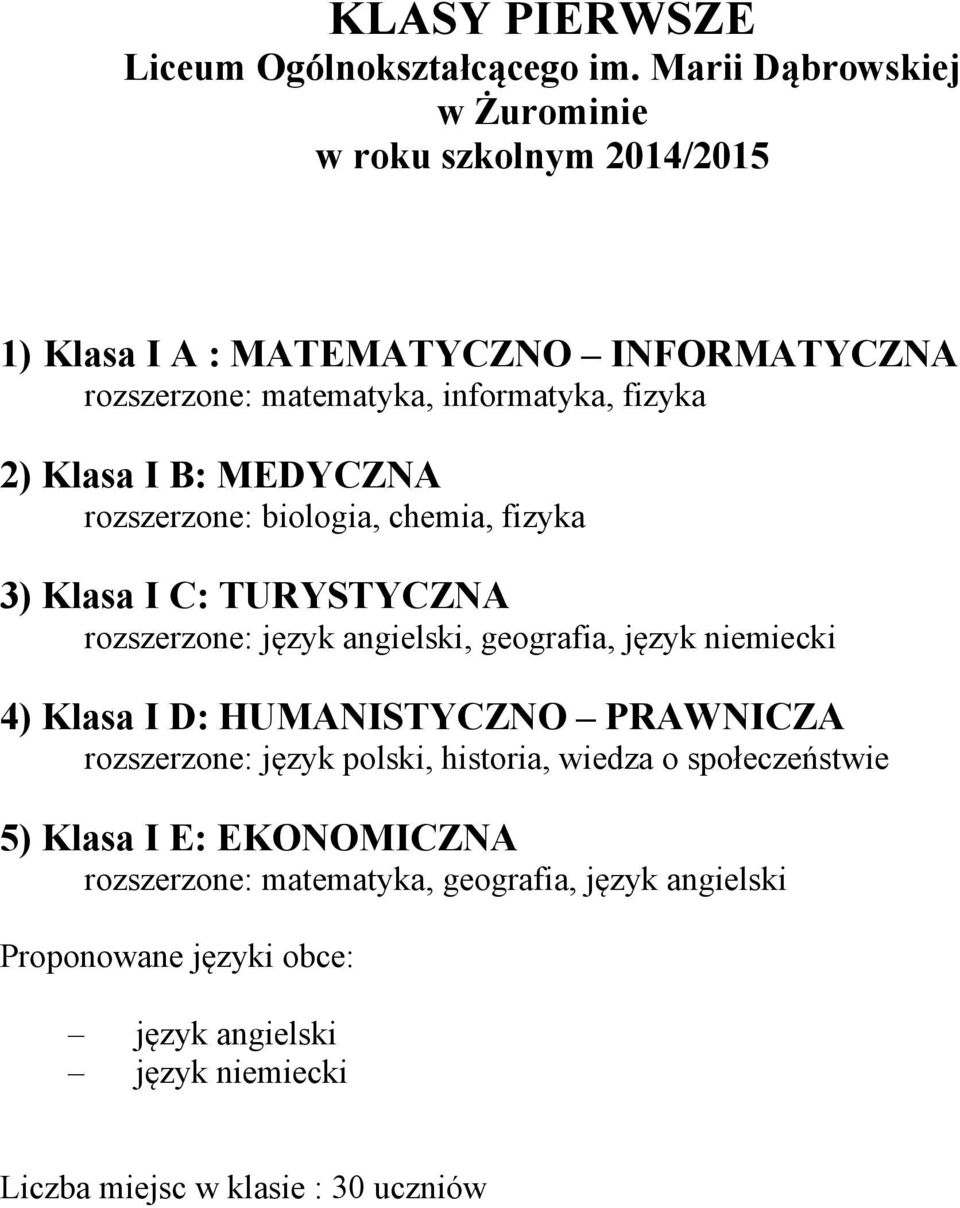 Klasa I B: MEDYCZNA rozszerzone: biologia, chemia, fizyka 3) Klasa I C: TURYSTYCZNA rozszerzone: język angielski, geografia, język niemiecki 4) Klasa