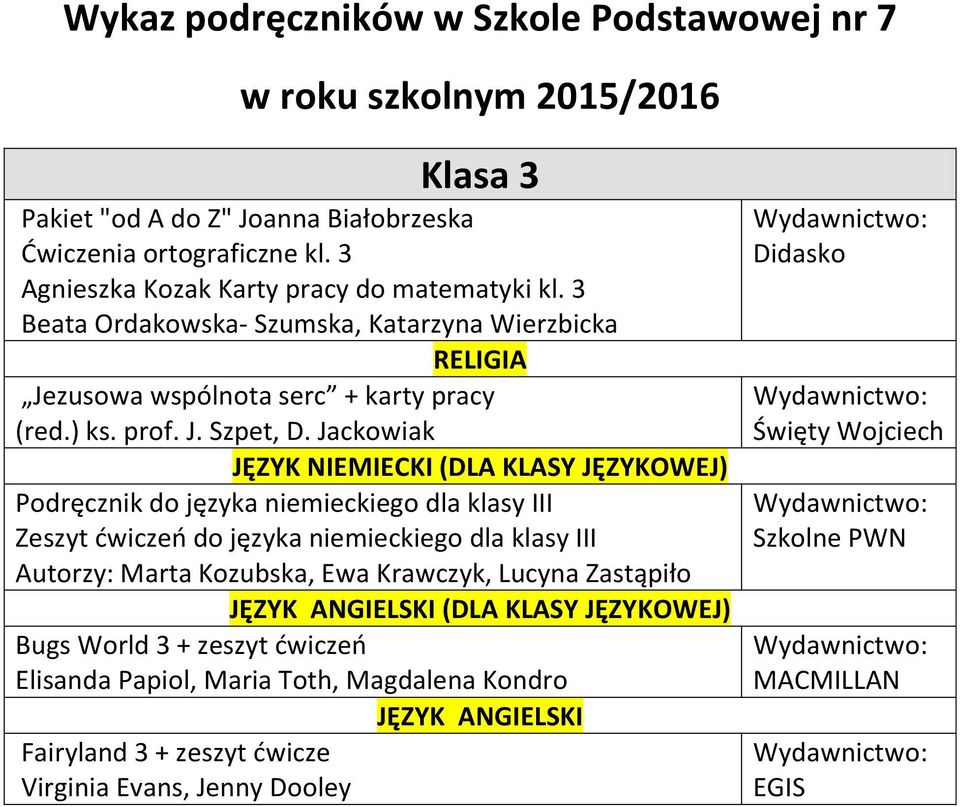 Jackowiak JĘZYK NIEMIECKI (DLA KLASY JĘZYKOWEJ) Podręcznik do języka niemieckiego dla klasy III Zeszyt ćwiczeń do języka niemieckiego dla klasy III Autorzy: Marta