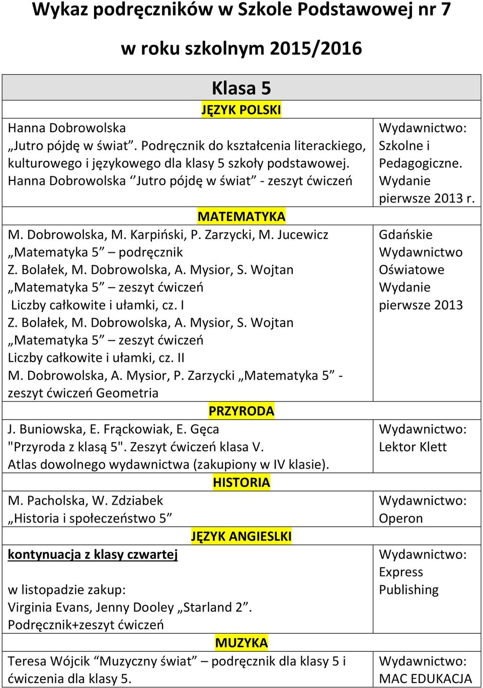 Wojtan Matematyka 5 zeszyt ćwiczeń Liczby całkowite i ułamki, cz. I Z. Bolałek, M. Dobrowolska, A. Mysior, S. Wojtan Matematyka 5 zeszyt ćwiczeń Liczby całkowite i ułamki, cz. II M. Dobrowolska, A. Mysior, P.