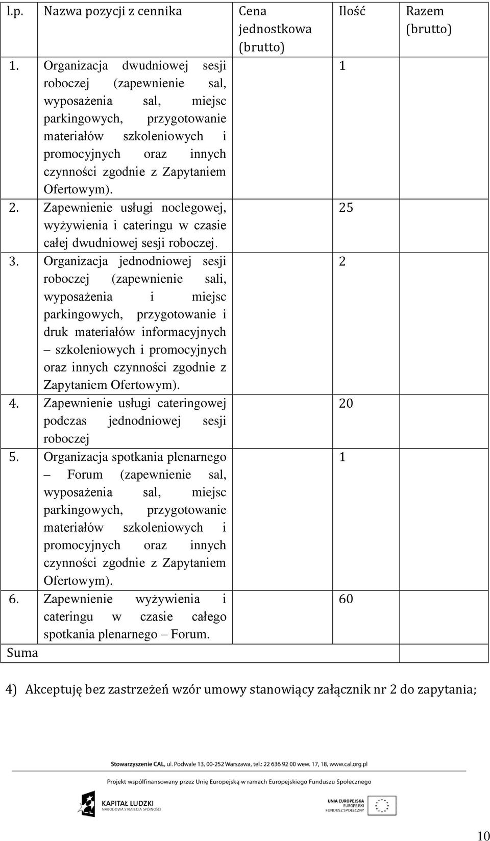 Ofertowym). 2. Zapewnienie usługi noclegowej, wyżywienia i cateringu w czasie całej dwudniowej sesji roboczej. 3.