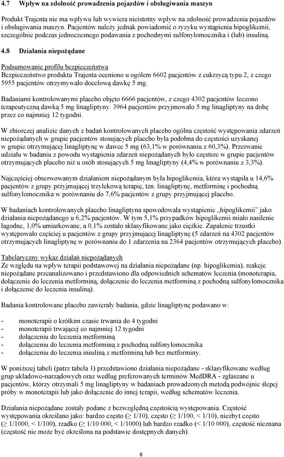 8 Działania niepożądane Podsumowanie profilu bezpieczeństwa Bezpieczeństwo produktu Trajenta oceniono u ogółem 6602 pacjentów z cukrzycą typu 2, z czego 5955 pacjentów otrzymywało docelową dawkę 5 mg.