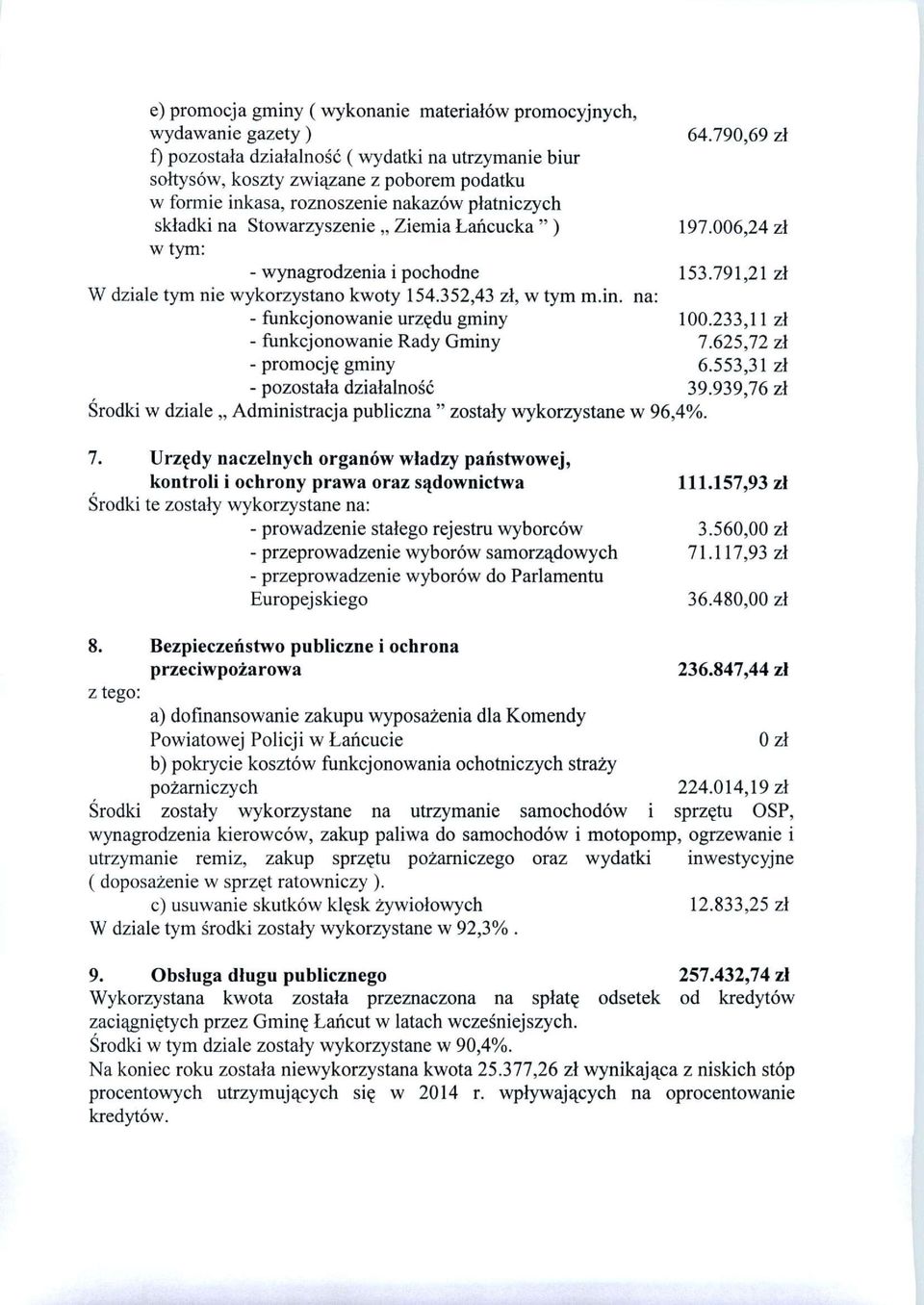 " ) 197.006,24 zł - wynagrodzenia i pochodne 153.791,21 zł W dziale tym nie wykorzystano kwoty 154.352,43 zł, w tym m.in. na: - funkcjonowanie urzędu gminy 100.233,11 zł - funkcjonowanie Rady Gminy 7.