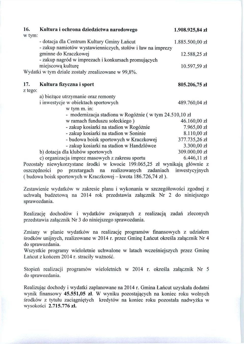 597,59 zł Wydatki w tym dziale zostały zrealizowane w 99,8%. 17. Kultura fizyczna i sport 805.206,75 zł a) bieżące utrzymanie oraz remonty i inwestycje w obiektach sportowych 489.760,04 zł w tym m.