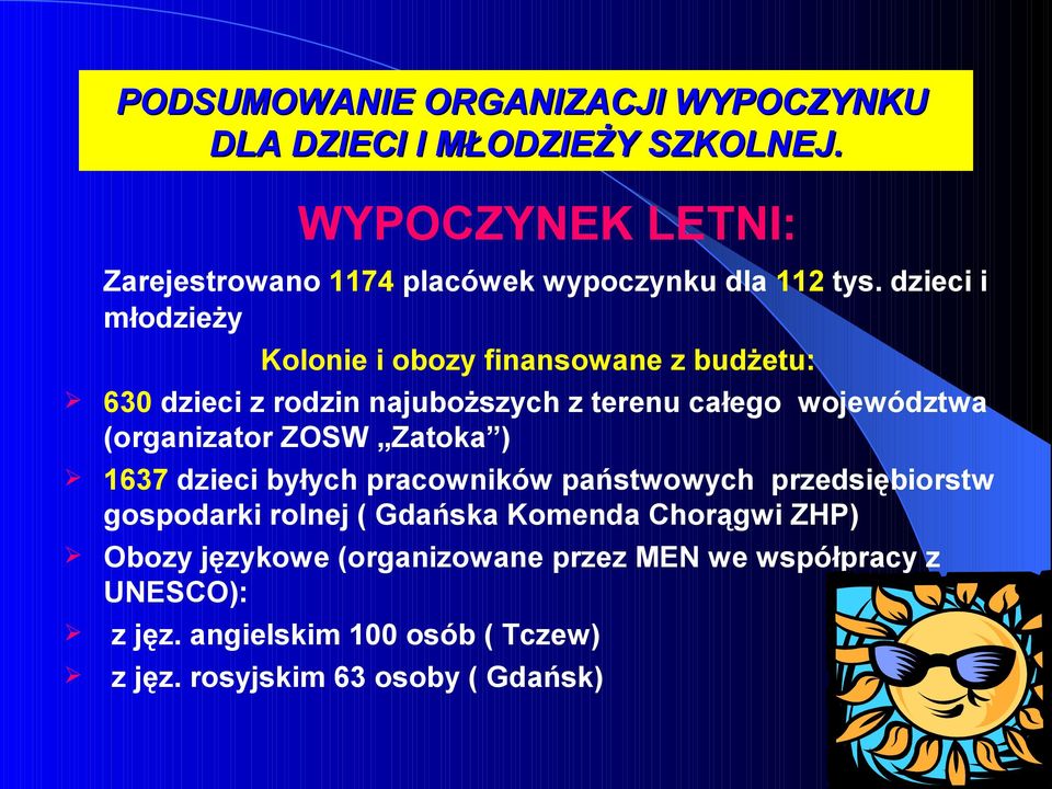 dzieci i młodzieży Kolonie i obozy finansowane z budżetu: 630 dzieci z rodzin najuboższych z terenu całego województwa (organizator