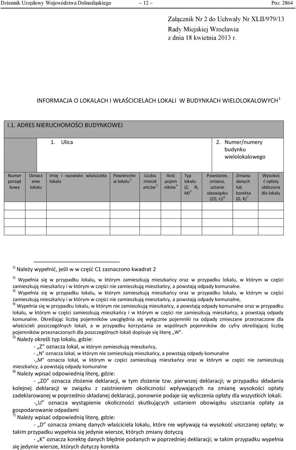 Numer/numery budynku wielolokalowego Numer porząd kowy Oznacz enie lokalu Imię i nazwisko właściciela lokalu Powierzchn ia lokalu 2 Liczba mieszk ańców 3 Ilość pojem ników 4 Typ lokalu (Z N M) 5