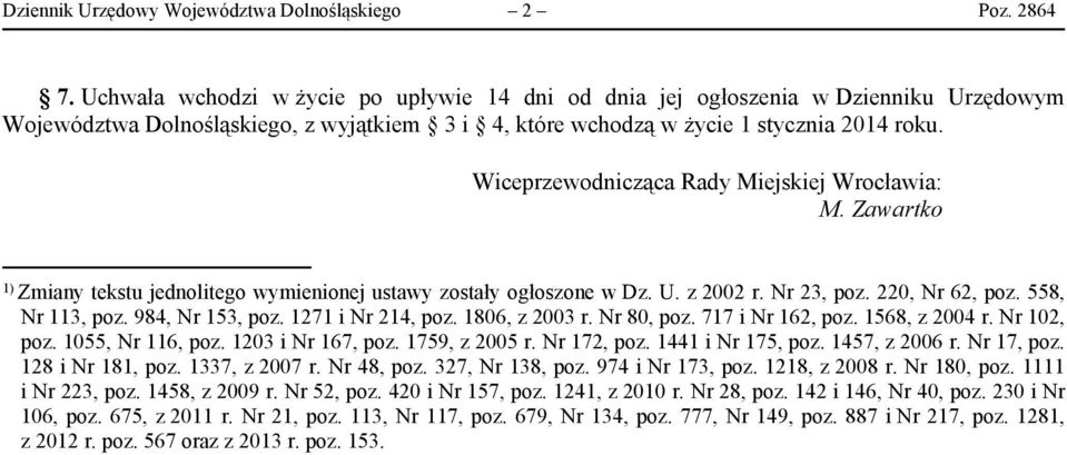 Wiceprzewodnicząca Rady Miejskiej Wrocławia: M. Zawartko 1) Zmiany tekstu jednolitego wymienionej ustawy zostały ogłoszone w Dz. U. z 2002 r. Nr 23 poz. 220 Nr 62 poz. 558 Nr 113 poz. 984 Nr 153 poz.