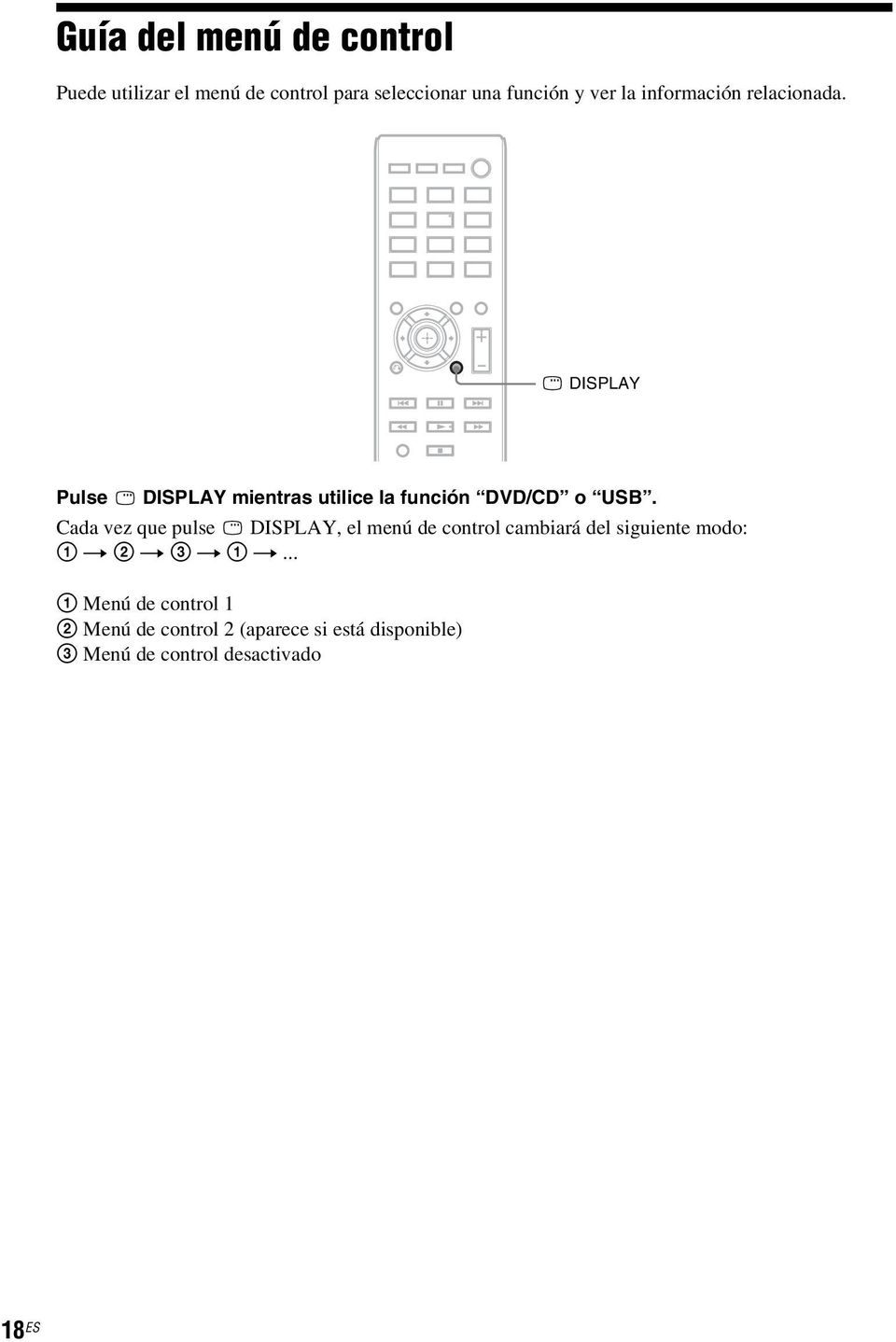 Cada vez que pulse DISPLAY, el menú de control cambiará del siguiente modo: 1 t 2 t 3 t 1 t.