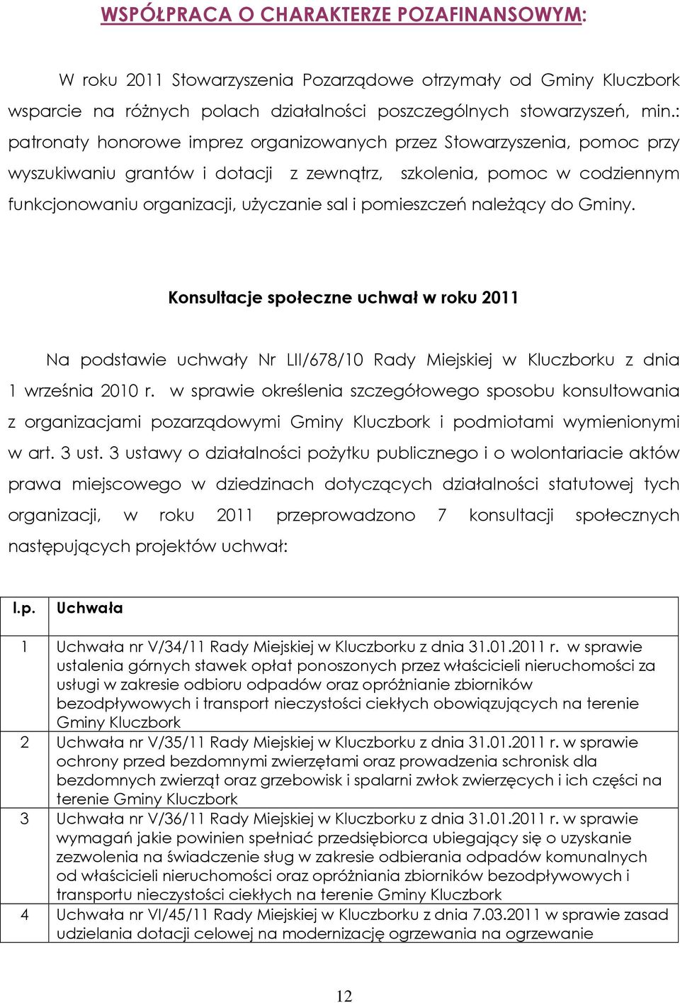 pomieszczeń naleŝący do Gminy. Konsultacje społeczne uchwał w roku 2011 Na podstawie uchwały Nr LII/678/10 Rady Miejskiej w Kluczborku z dnia 1 września 2010 r.