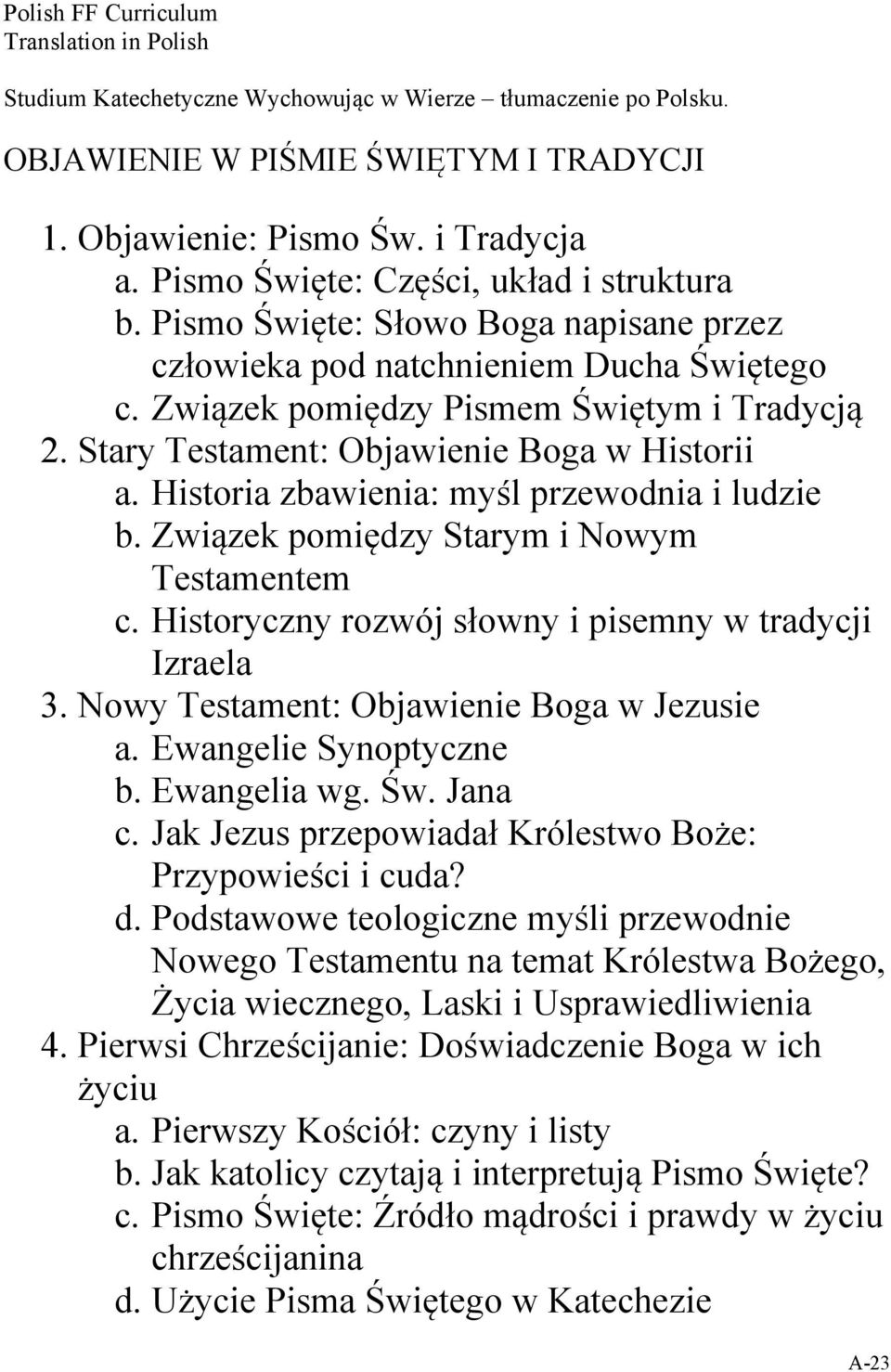 Stary Testament: Objawienie Boga w Historii a. Historia zbawienia: myśl przewodnia i ludzie b. Związek pomiędzy Starym i Nowym Testamentem c. Historyczny rozwój słowny i pisemny w tradycji Izraela 3.