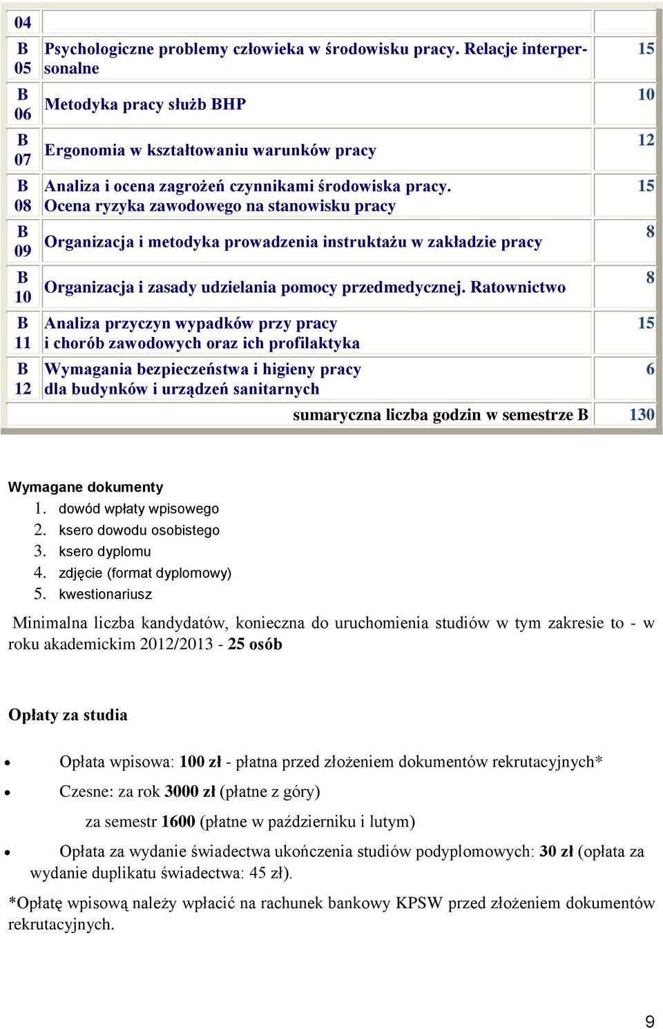 Ocena ryzyka zawodowego na stanowisku pracy 09 Organizacja i metodyka prowadzenia instruktażu w zakładzie pracy 8 10 Organizacja i zasady udzielania pomocy przedmedycznej.