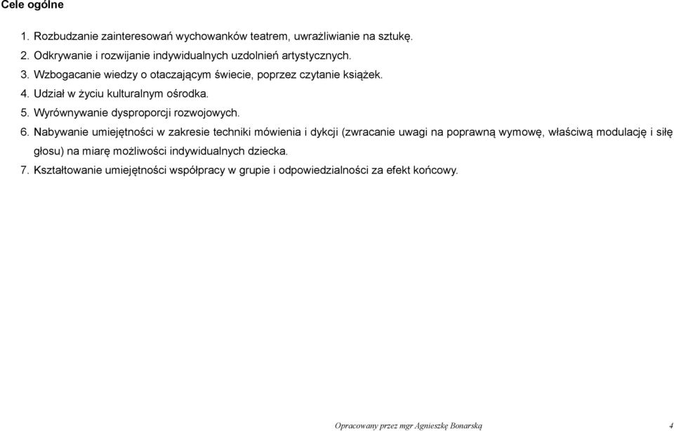 Nabywanie umiejętności w zakresie techniki mówienia i dykcji (zwracanie uwagi na poprawną wymowę, właściwą modulację i siłę głosu) na miarę możliwości