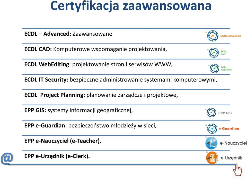 komputerowymi, ECDL Project Planning: planowanie zarządcze i projektowe, EPP GIS: systemy informacji