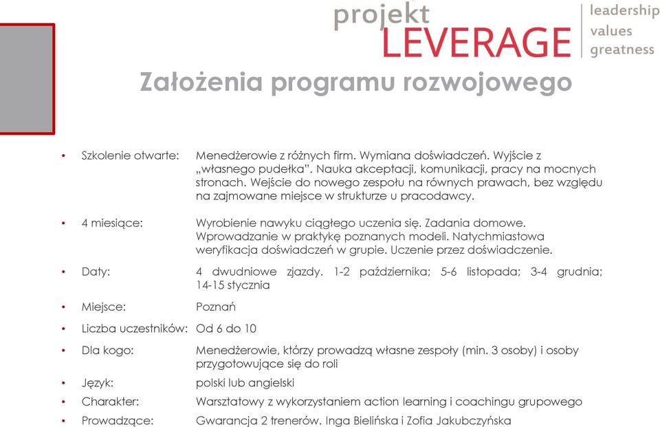 Wprowadzanie w praktykę poznanych modeli. Natychmiastowa weryfikacja doświadczeń w grupie. Uczenie przez doświadczenie. Daty: 4 dwudniowe zjazdy.