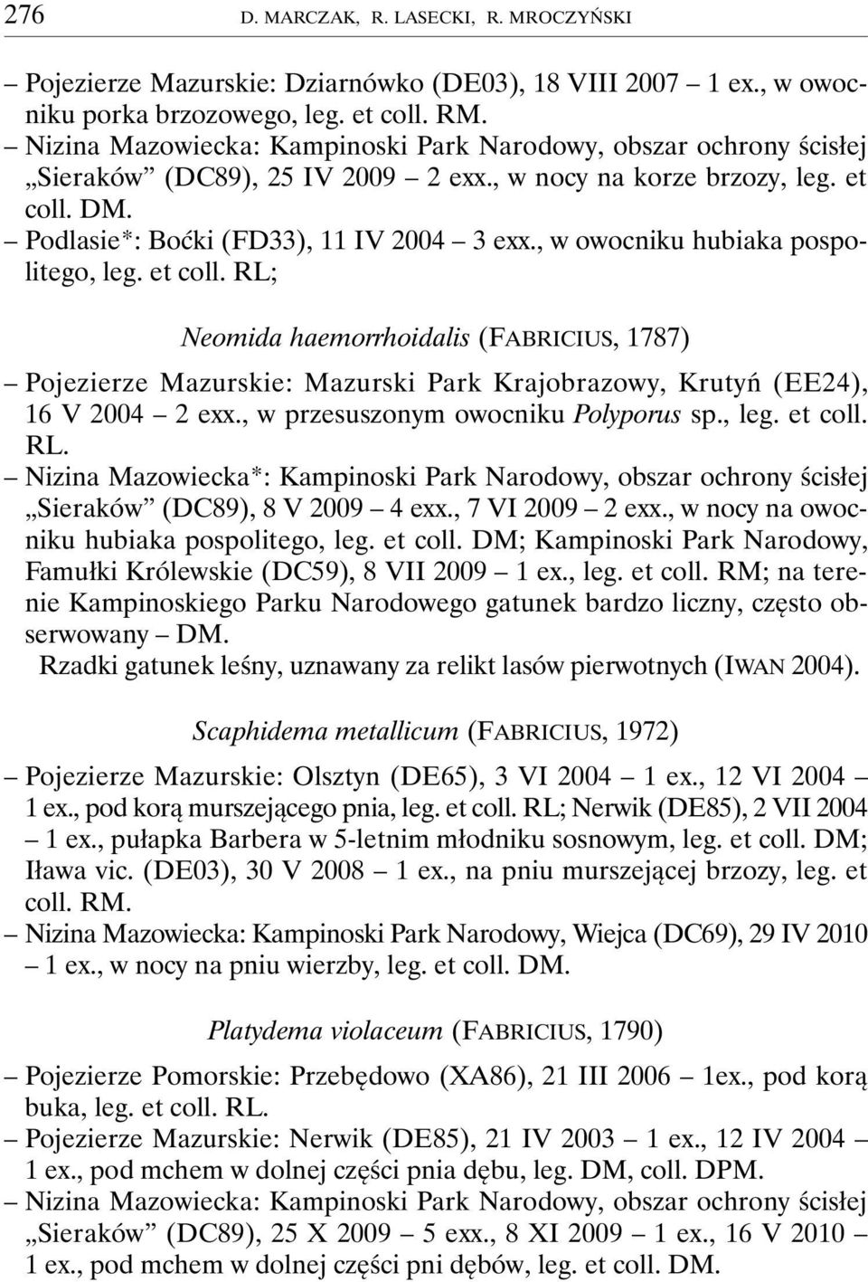 , w przesuszonym owocniku Polyporus sp., leg. et coll. RL. Nizina Mazowiecka*: Kampinoski Park Narodowy, obszar ochrony ścisłej Sieraków (DC89), 8 V 2009 4 exx., 7 VI 2009 2 exx.