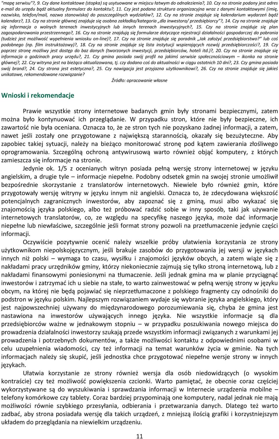 Czy na stronie znajduje się kalendarium wydarzeń bądź kalendarz?, 13. Czy na stronie głównej znajduje się osobna zakładka/kategoria dla inwestora/ przedsiębiorcy?, 14.