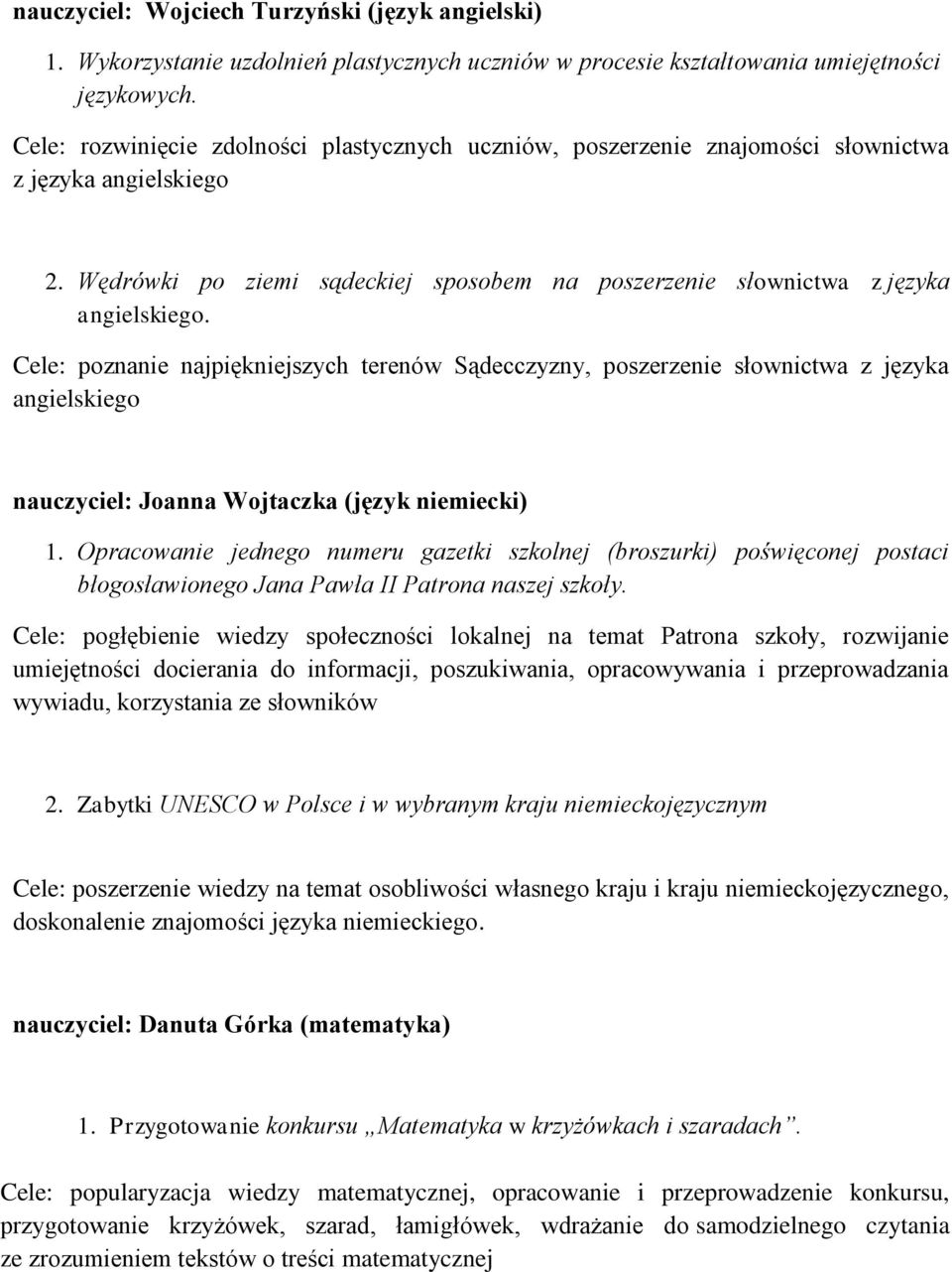 Cele: poznanie najpiękniejszych terenów Sądecczyzny, poszerzenie słownictwa z języka angielskiego nauczyciel: Joanna Wojtaczka (język niemiecki) 1.