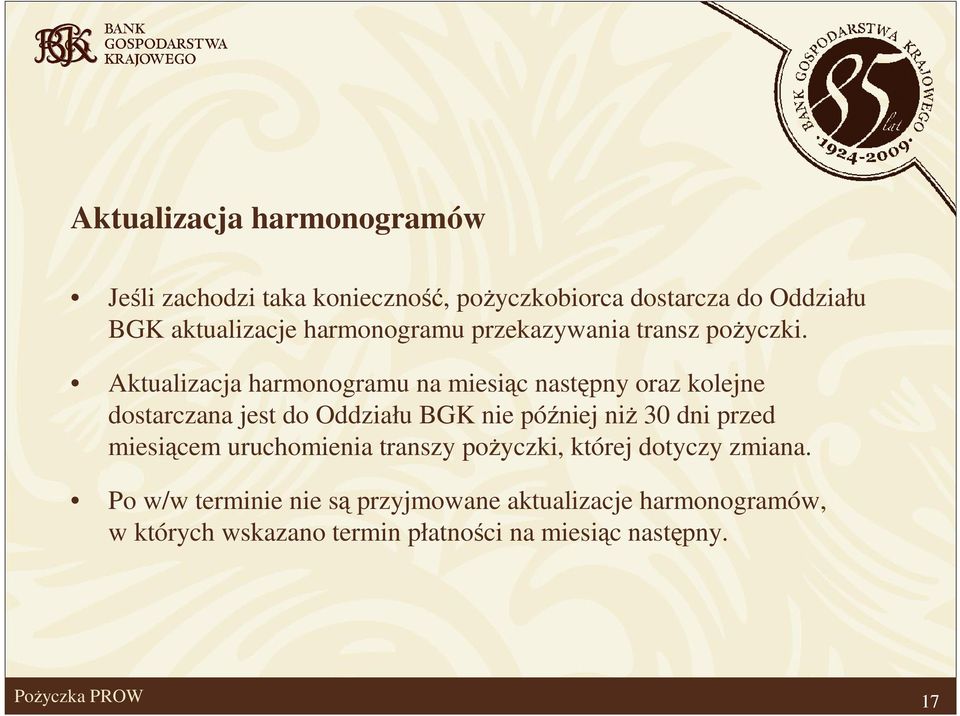 Aktualizacja harmonogramu na miesiąc następny oraz kolejne dostarczana jest do Oddziału BGK nie później niż 30 dni