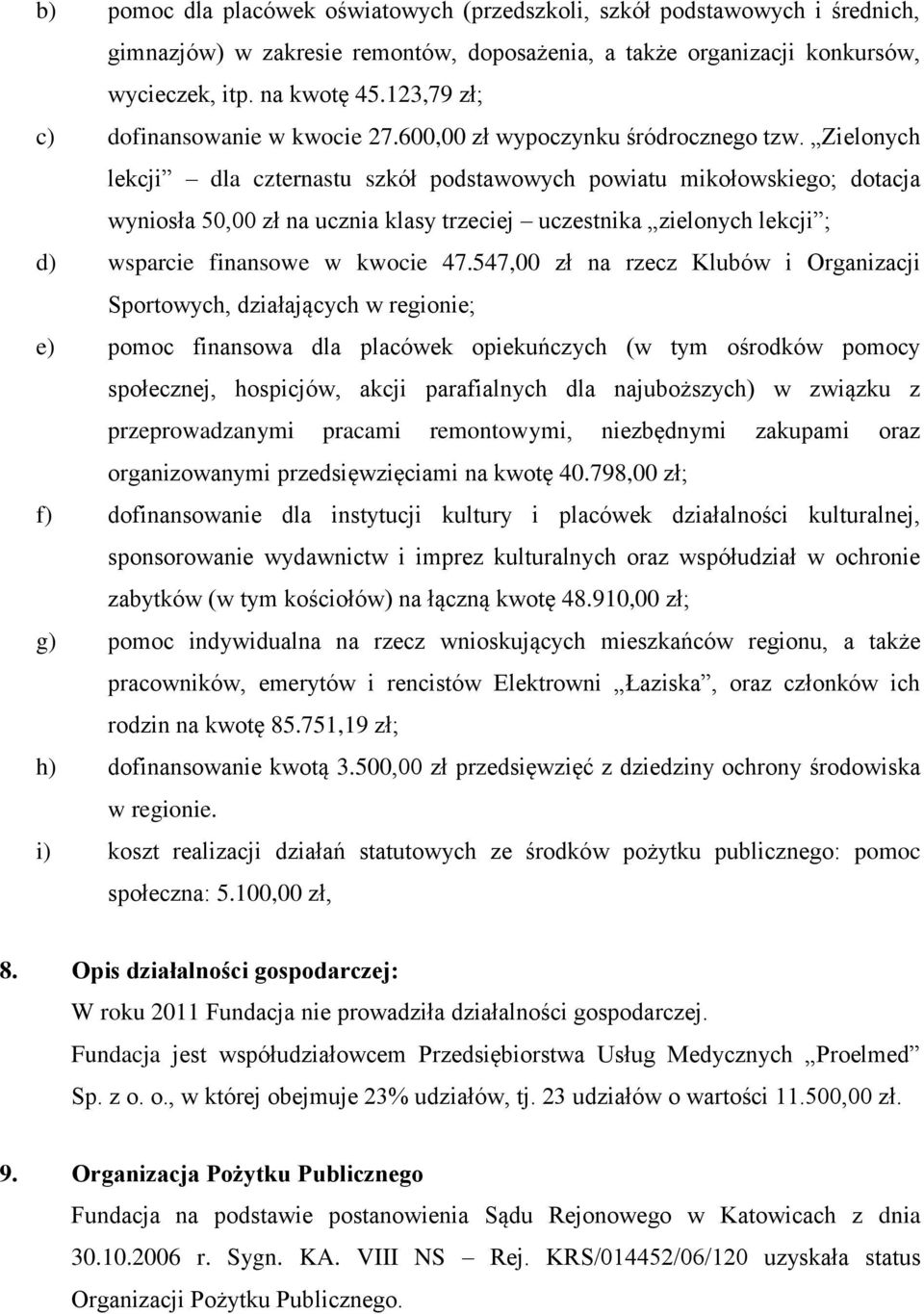 Zielonych lekcji dla czternastu szkół podstawowych powiatu mikołowskiego; dotacja wyniosła 50,00 zł na ucznia klasy trzeciej uczestnika zielonych lekcji ; d) wsparcie finansowe w kwocie 47.