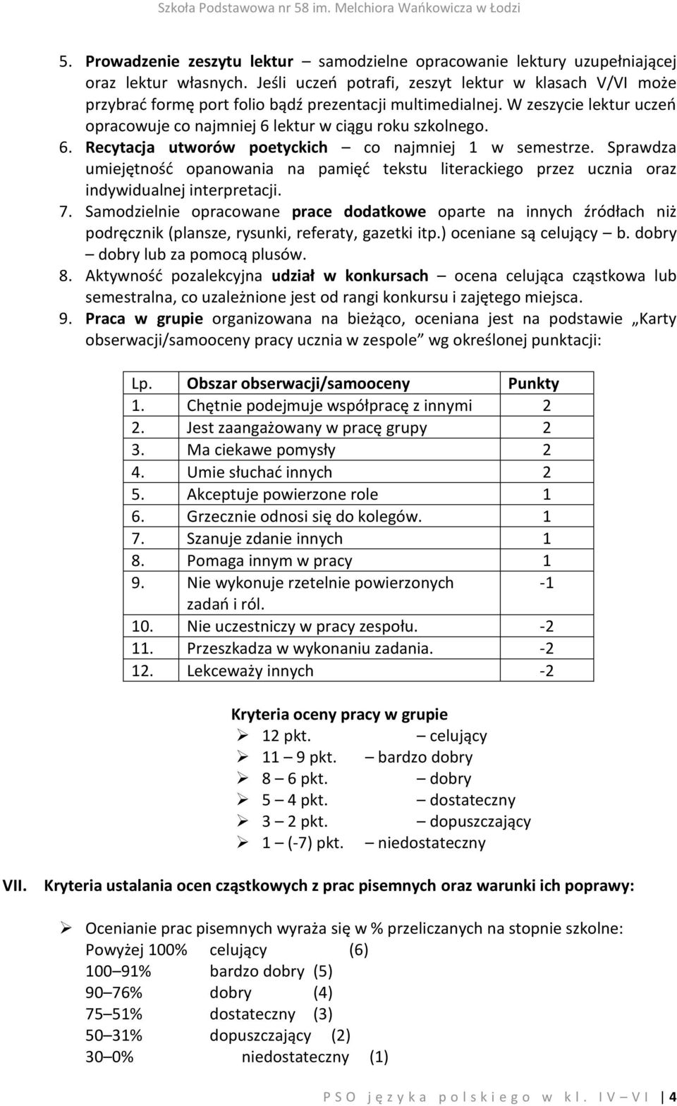 lektur w ciągu roku szkolnego. 6. Recytacja utworów poetyckich co najmniej 1 w semestrze. Sprawdza umiejętność opanowania na pamięć tekstu literackiego przez ucznia oraz indywidualnej interpretacji.